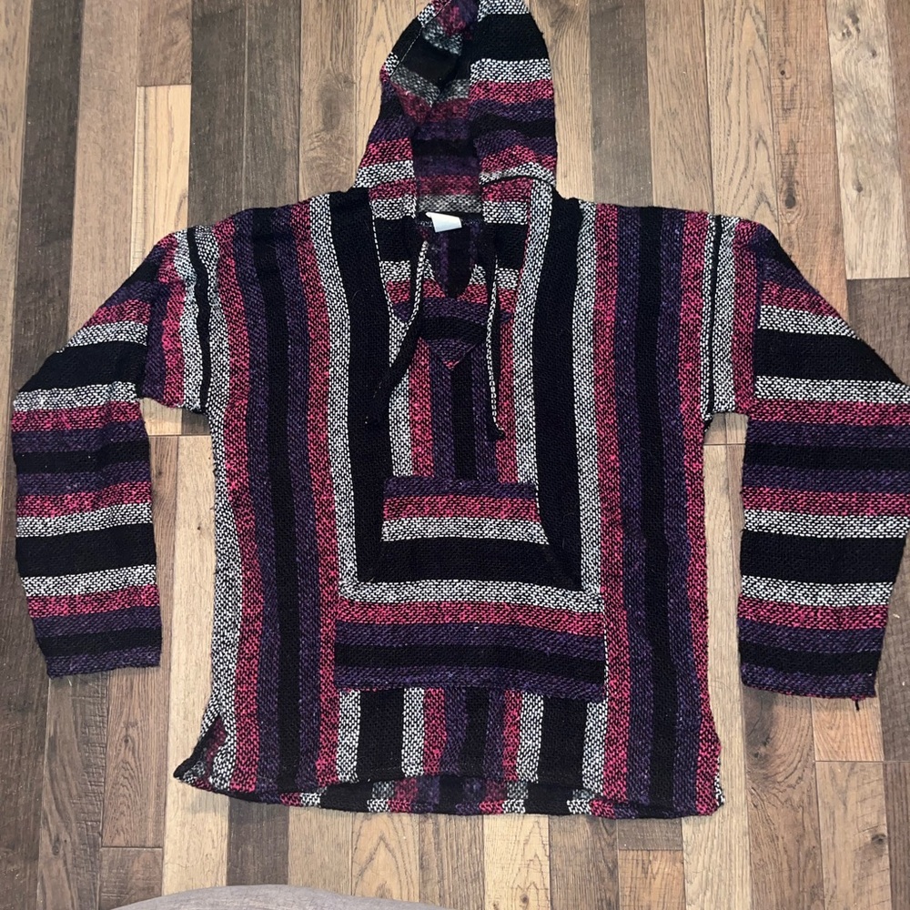 Pink Black and White striped Baja hoodie.
